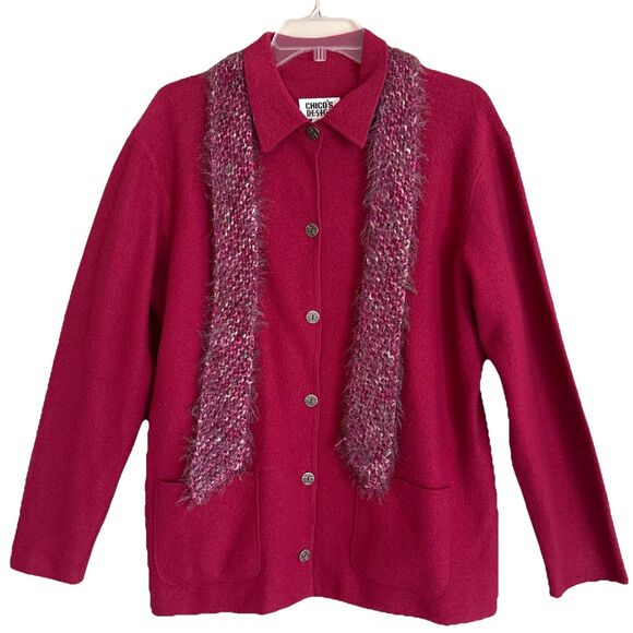 Chicos Boiled Wool Cardigan Jacket Womens 2 L Magenta Button Up w/Eyelash Scarf - Picture 1 of 14